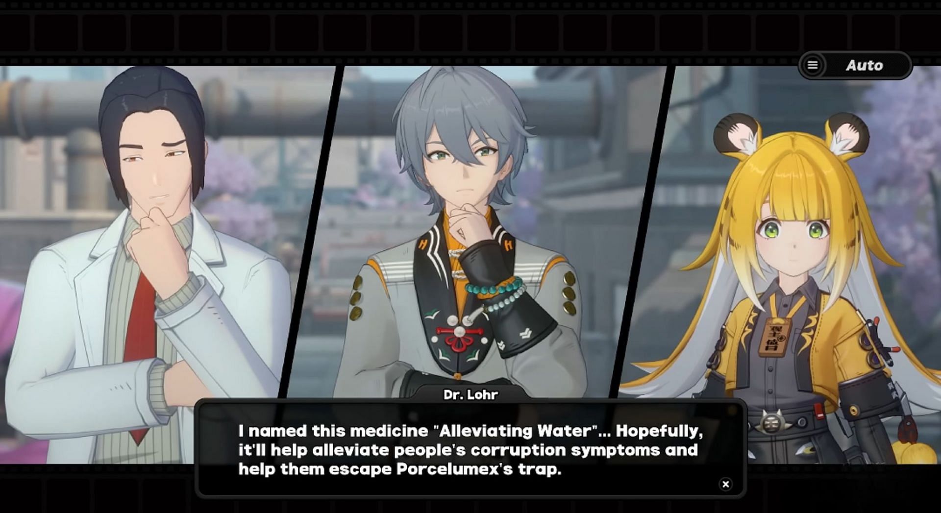 Dr. Lohr talking about his medicine "Alleviating Water" (Image via HoYoverse)